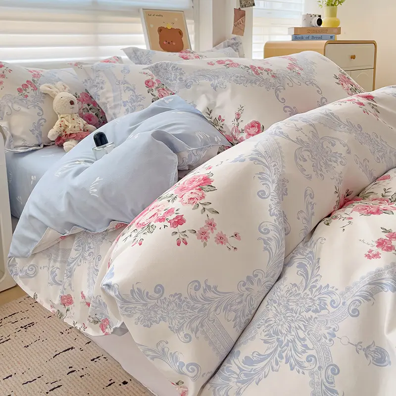 Floral Style Bed Sheet Set Soft Bedding Girls Room Bedclothes Home Duvet Cover Pillowcase and Flat Bedsheet juego de cama
