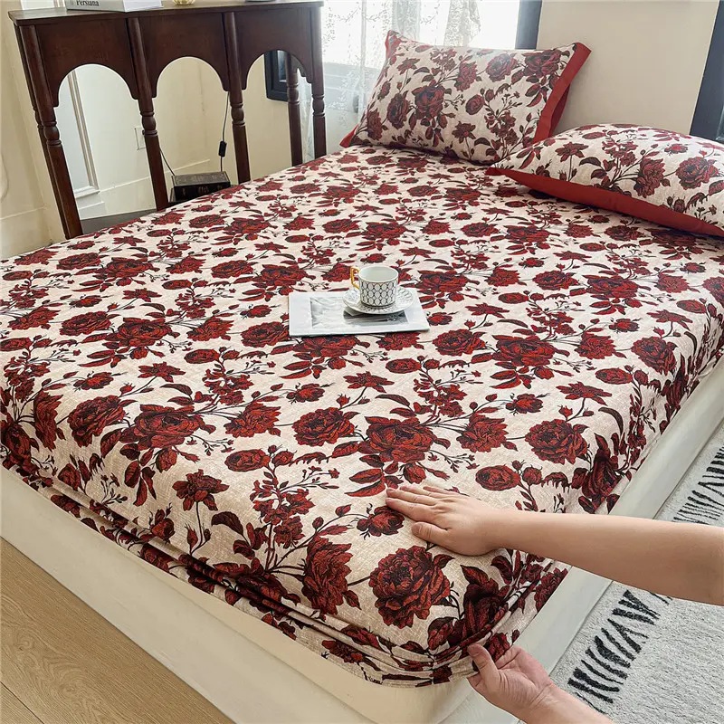 1pc 100% Cotton Bedsheet Elastic Fitted Sheet Flower Print Bed Cover Brushed Bed Linen Soft Sheets couvre lit (No Pillowcase)