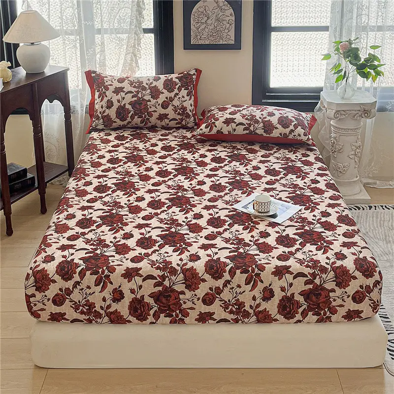 1pc 100% Cotton Bedsheet Elastic Fitted Sheet Flower Print Bed Cover Brushed Bed Linen Soft Sheets couvre lit (No Pillowcase)