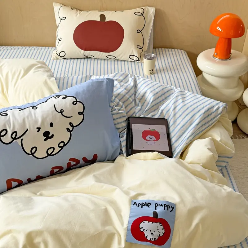 Cute Pup Print 100% Washed Cotton Bedding Set Pure Cotton Skin-friendly Duvet Cover Set with Sheet Soft Comfortable Quilt Covers
