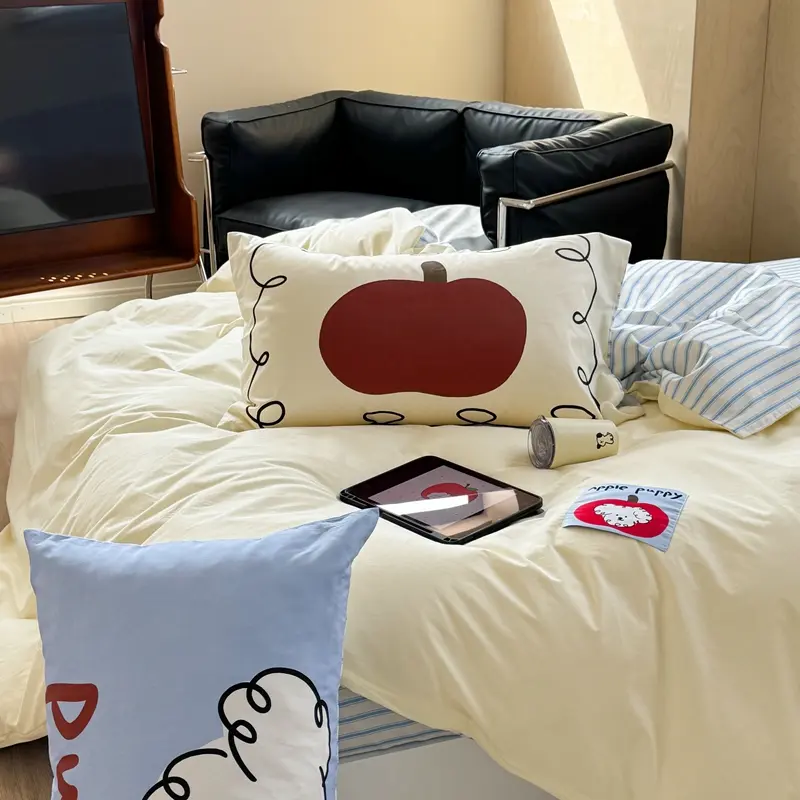 Cute Pup Print 100% Washed Cotton Bedding Set Pure Cotton Skin-friendly Duvet Cover Set with Sheet Soft Comfortable Quilt Covers