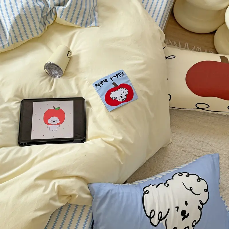 Cute Pup Print 100% Washed Cotton Bedding Set Pure Cotton Skin-friendly Duvet Cover Set with Sheet Soft Comfortable Quilt Covers