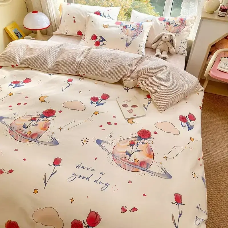 Flowering Plant Print Queen Bedding Set Cotton Soft Comfortable Duvet Cover Set with Sheets Skin Friendly Comforter Bedding Sets
