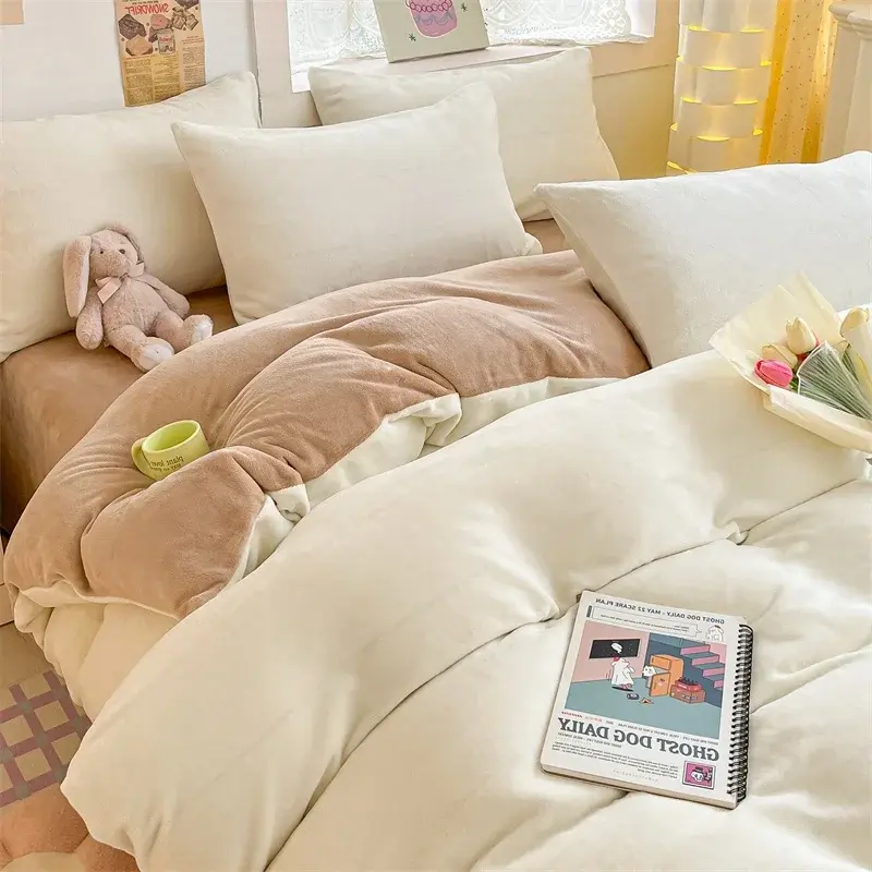 New Simple Milk Velvet Warm Bedding Set Winter Soft Comfortable Queen Duvet Cover Set Warmth Coral Fleece Quilt Cover Sets Cozy