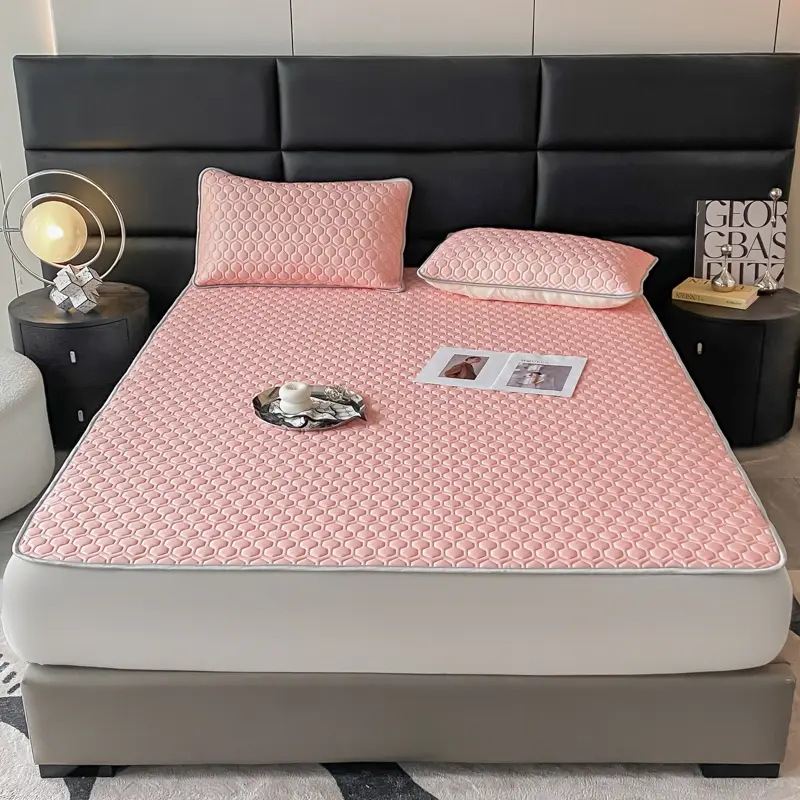 New Thicken Latex Filling Bed Sheet Set Cool Feeling Fabric Summer Mat and Pillowcases Breathable Ice Silk Cooling Mat for Bed