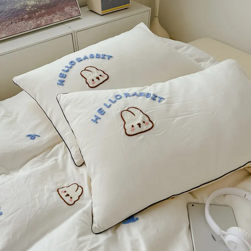 Cute Bread Rabbit Embroidery Bedding Set Lovely Cartoon Single Double Duvet Cover Set Soft Skin-friendly Quilt Cover Pillowcases
