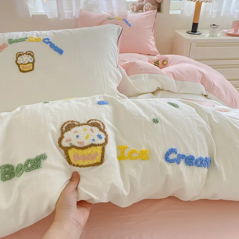 Cute Ice Cream Embroidered Bedding Set Soft Skin-friendly Duvet Cover Set with Sheet Single Double Bed Quilt Cover Pillowcases