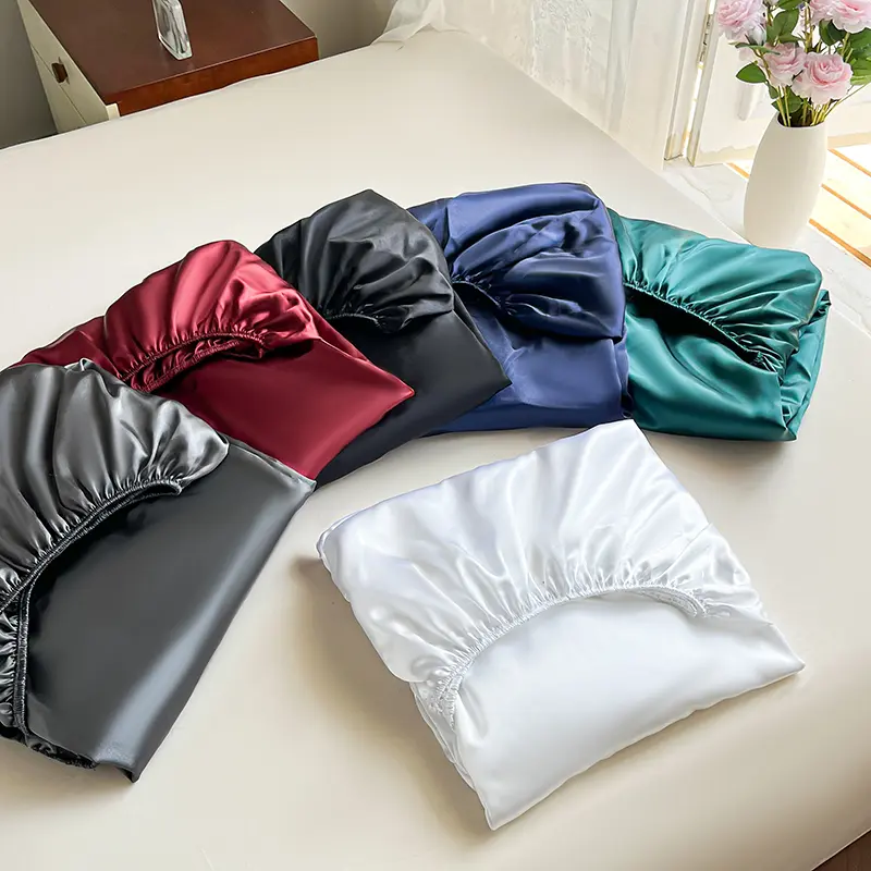Imitation Silk Satin Fitted Sheet Set Soft Silky Bed Sheet with Elastic Band King Size Bedsheet Sets Mattress Protector Cover