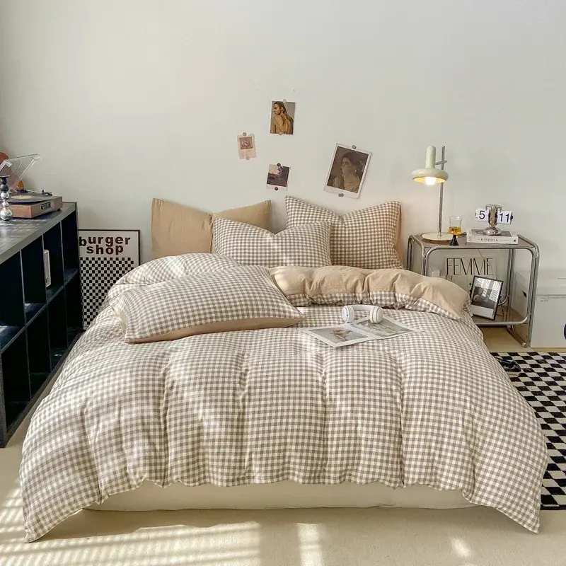 Japanese Style Check Queen Duvet Cover Set 1/3 Pcs Soft Washed Quilt Cover and Pillowcase or Only Quilt Covers Blanket Cover Set