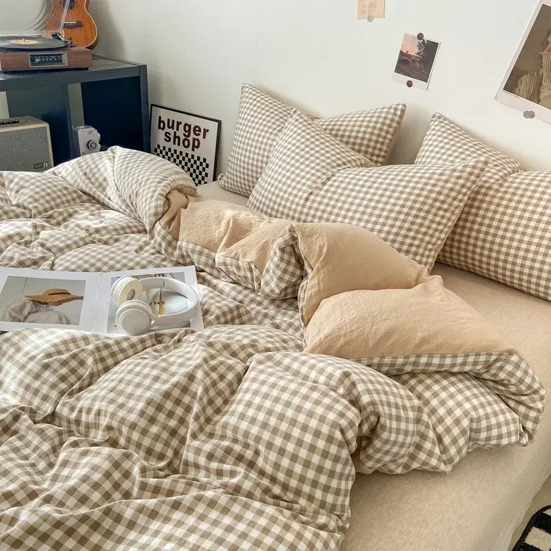 Japanese Style Check Queen Duvet Cover Set 1/3 Pcs Soft Washed Quilt Cover and Pillowcase or Only Quilt Covers Blanket Cover Set