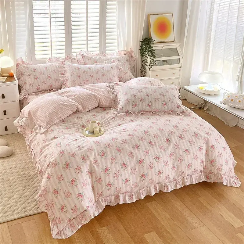 New Ruffles 100% Cotton Duvet Cover Set or Single Duvet Covers Floral Princess Style All Cotton Quilt Cover Queen Blanket Cover