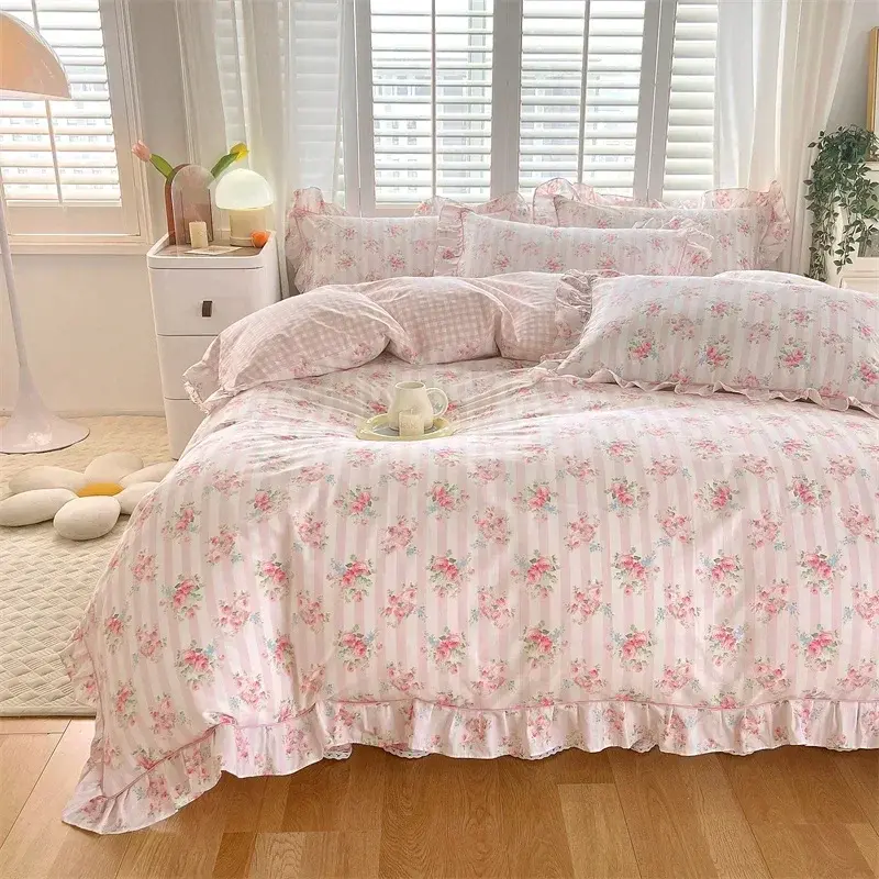New Ruffles 100% Cotton Duvet Cover Set or Single Duvet Covers Floral Princess Style All Cotton Quilt Cover Queen Blanket Cover