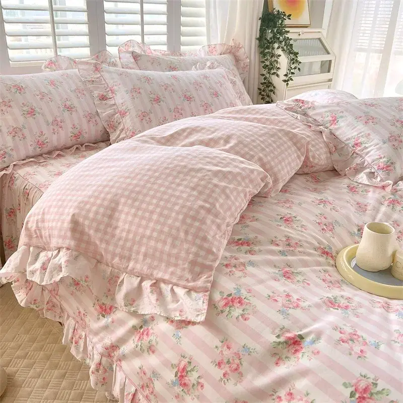 New Ruffles 100% Cotton Duvet Cover Set or Single Duvet Covers Floral Princess Style All Cotton Quilt Cover Queen Blanket Cover