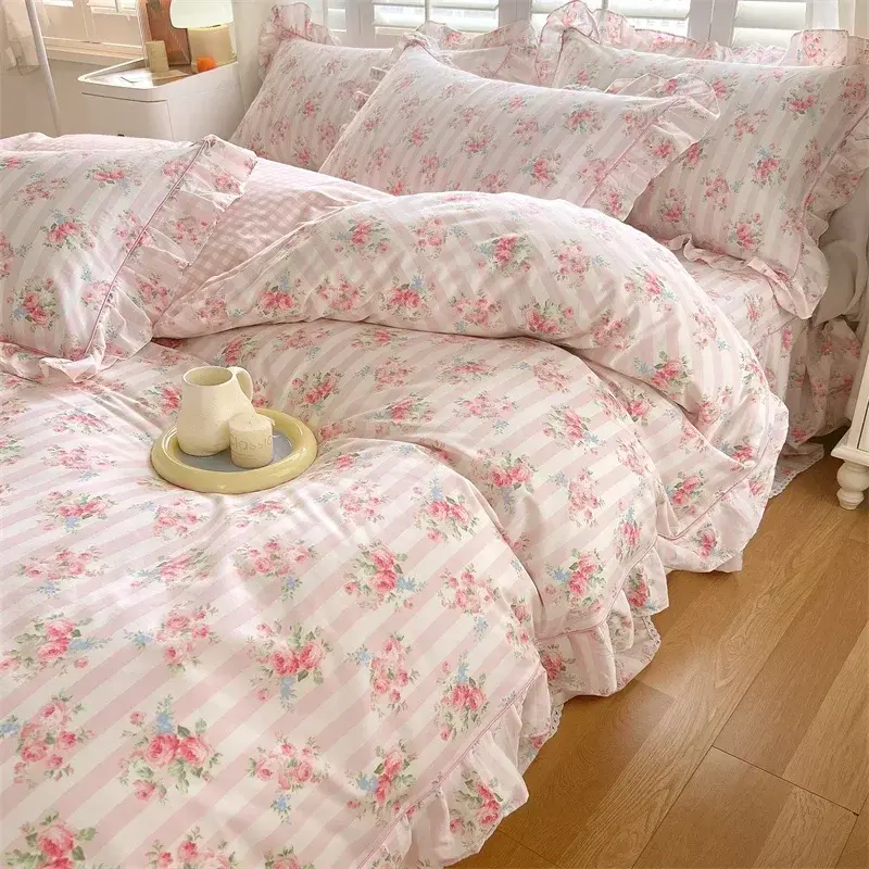 New Ruffles 100% Cotton Duvet Cover Set or Single Duvet Covers Floral Princess Style All Cotton Quilt Cover Queen Blanket Cover