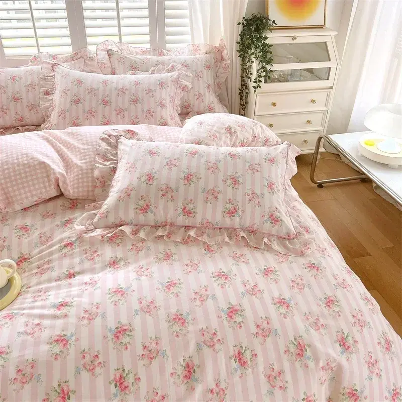 New Ruffles 100% Cotton Duvet Cover Set or Single Duvet Covers Floral Princess Style All Cotton Quilt Cover Queen Blanket Cover