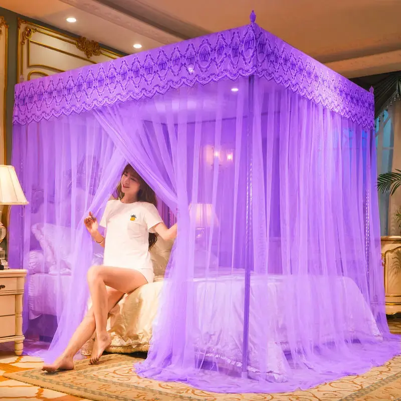 Embroidery Lace Mosquito Net Square Princess Palace Queen Mosquito Net with Stainless Steel Bracket Home Single Double Bed Tent