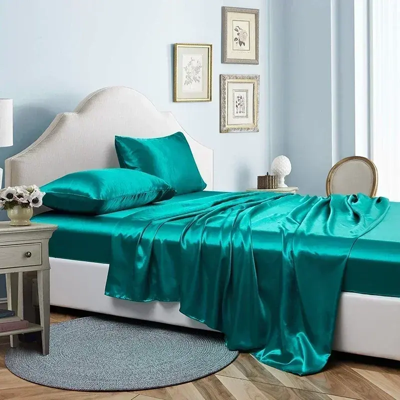 Luxury Satin Fabric Queen Size Bed Sheets Set King High Quality Fitted Sheet Flat Sheet Pillowcase Solid Bed Set Bedsheet Sets