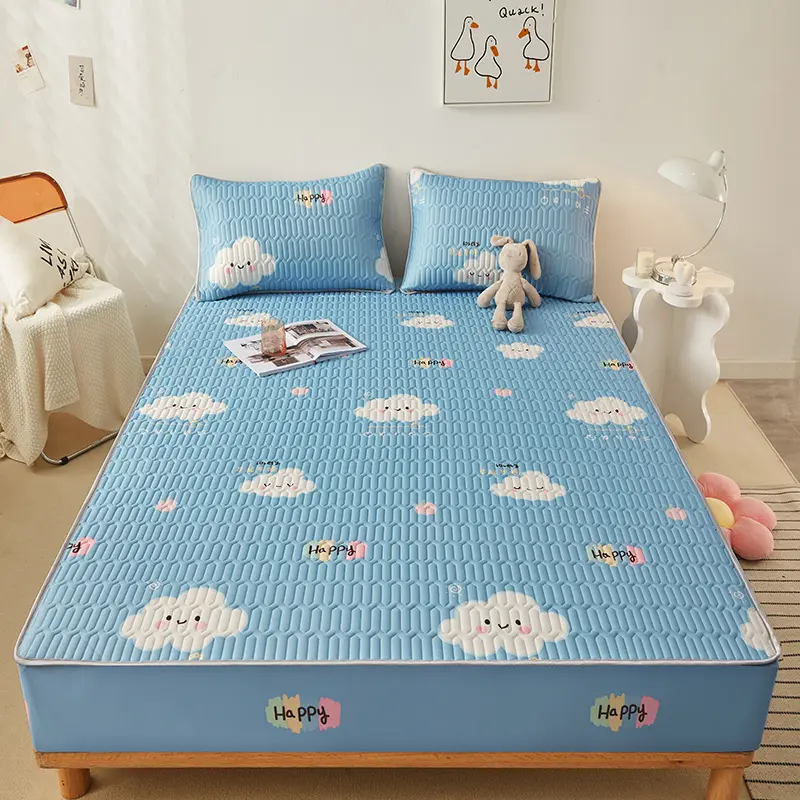 Natural Latex Thickened Summer Mat for Bed Cool Feeling Ice Silk Matress Cover and Pillowcase Soft Breathable Cooling Mat Summer