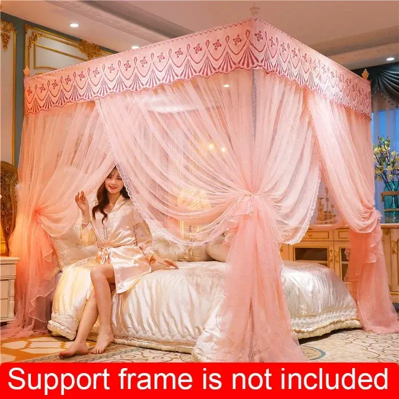 Embroidery Lace Pleated Mosquito Net for Bed Square Romantic Queen Double Bed Net Canopy Stainless Steel Bracket Not Included