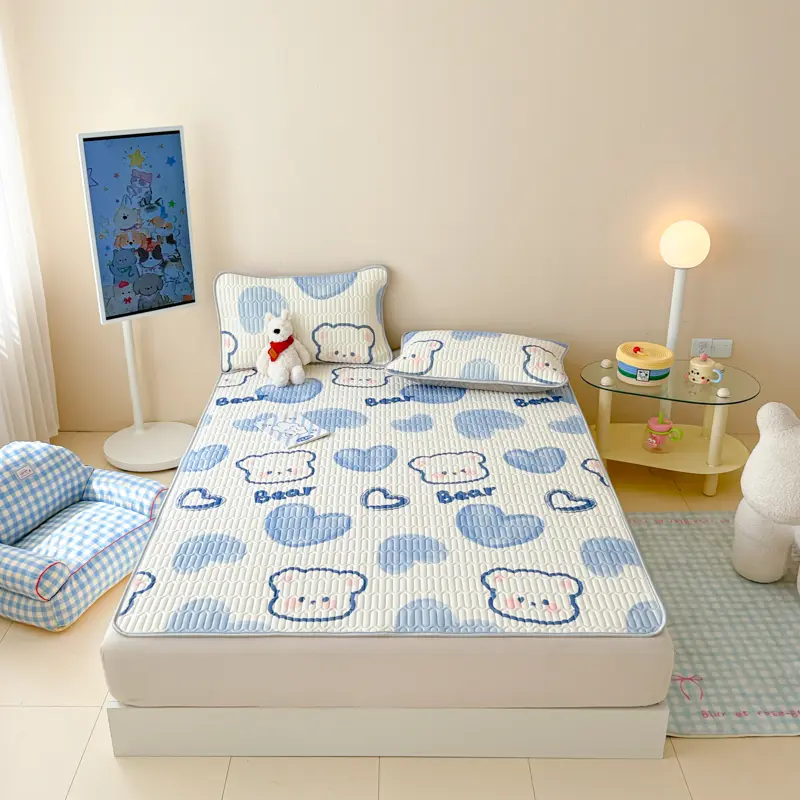 New Print Natural Latex Filling Summer Bed Sheet Set Cool Feeling Silk Thicken Bed Pad and Pillowcase Soft Ice Silk Cooling Mat