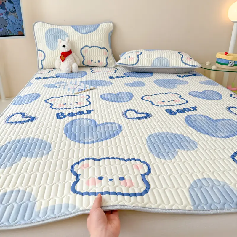 New Print Natural Latex Filling Summer Bed Sheet Set Cool Feeling Silk Thicken Bed Pad and Pillowcase Soft Ice Silk Cooling Mat