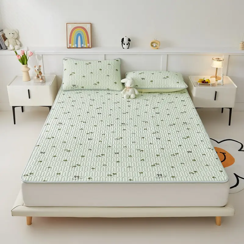 New Printed Natural Latex Filling Summer Mat for Bed Cooling Feeling Silk Thicken Bed Pad and Pillowcase Ice Silk Bed Sheet Set