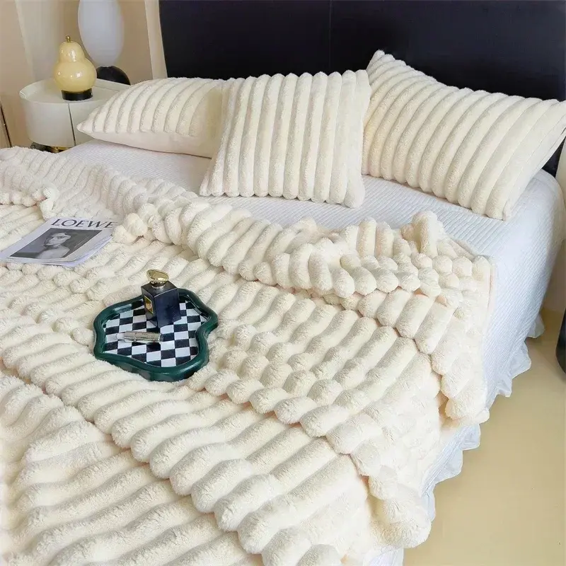 New Imitation Rabbit Plush Warm Blanket Set or Only Blankets for Autumn Winter Soft Fluffy Warmth Lounger Sofa Throw Blankets