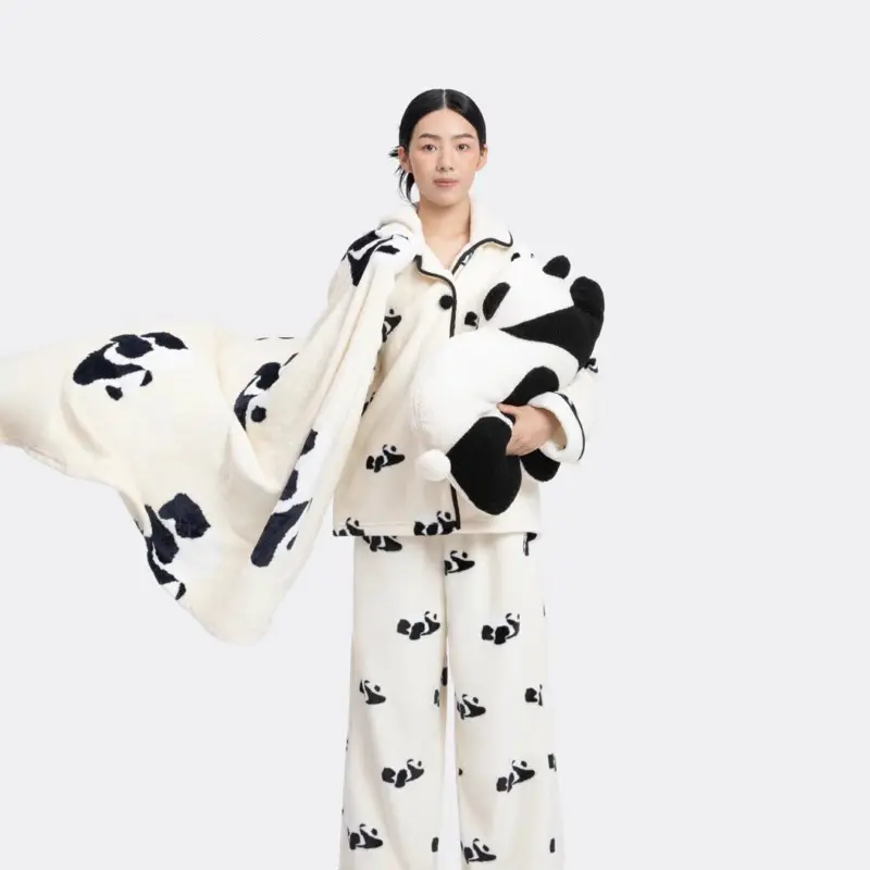 Panda Two-in-one Throw Pillow Blanket for Sofa or Bed or Car Pillows Warm Flannel Blankets Mitation Lambswool Throw Pillowcace