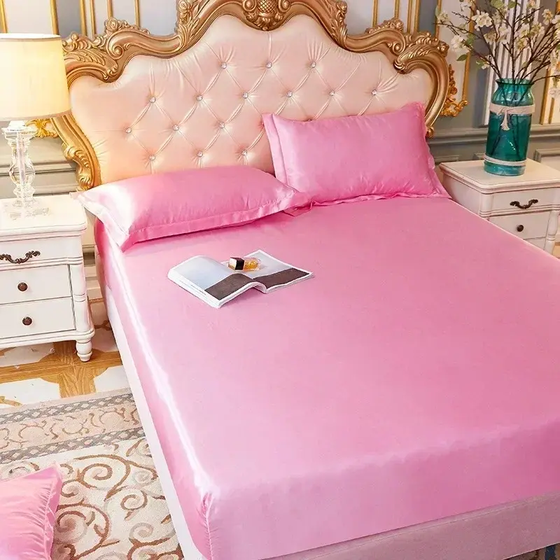 High End Satin Silky Fitted Bed Sheet Luxury Home Solid Single Double Bed Sheets Pillow Cases Elastic Band Mattress Cover Linens