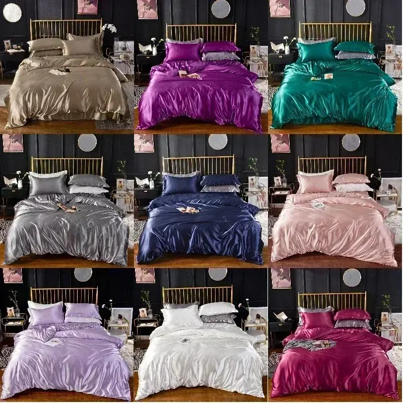 High End Queen Duvet Cover Set Silky Soft Cozy King Size Bedding Set Luxury Polyester Satin Smooth Single Double Bedding Sets