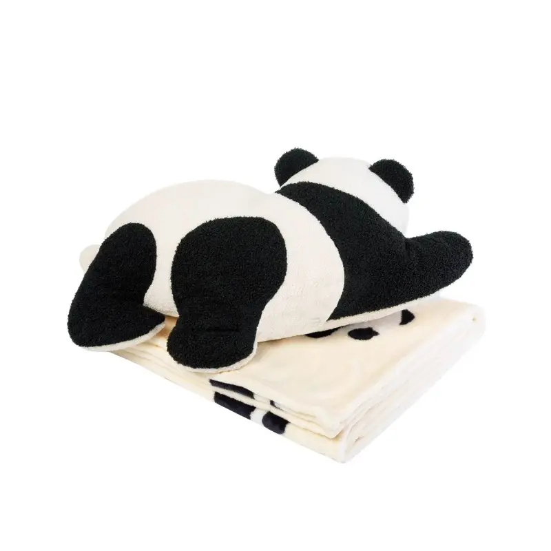 Panda Two-in-one Throw Pillow Blanket for Sofa or Bed or Car Pillows Warm Flannel Blankets Mitation Lambswool Throw Pillowcace
