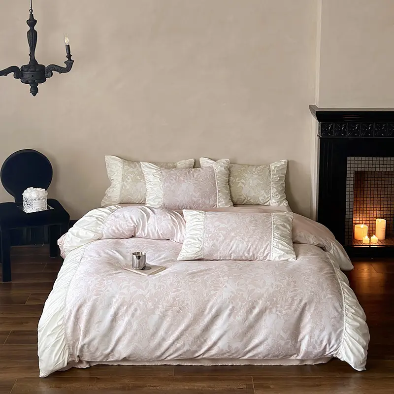 High-end Satin Bedding Set 100% Cotton Printed Luxury Duvet Cover Set with Sheets Comfor Pleated Lace Quilt Cover and Pillowcase