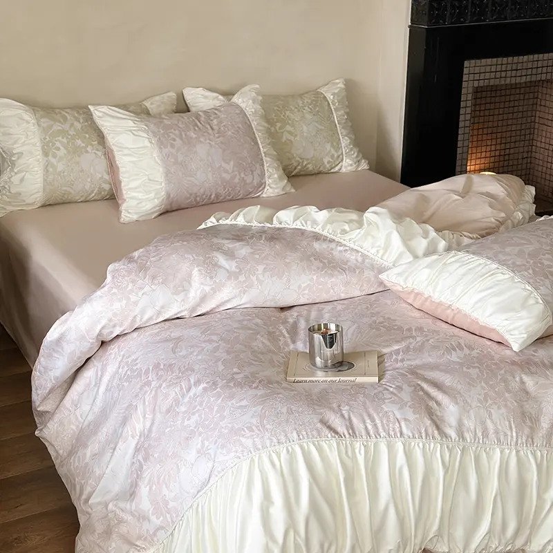 High-end Satin Bedding Set 100% Cotton Printed Luxury Duvet Cover Set with Sheets Comfor Pleated Lace Quilt Cover and Pillowcase