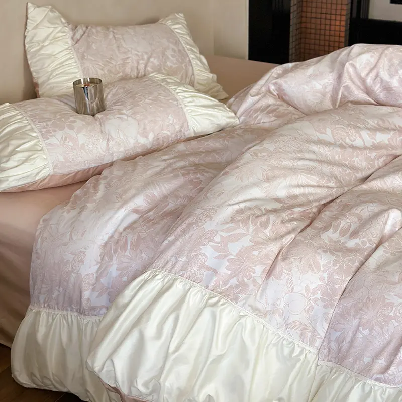 High-end Satin Bedding Set 100% Cotton Printed Luxury Duvet Cover Set with Sheets Comfor Pleated Lace Quilt Cover and Pillowcase