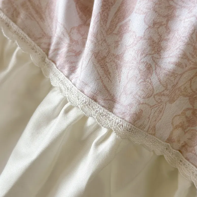 High-end Satin Bedding Set 100% Cotton Printed Luxury Duvet Cover Set with Sheets Comfor Pleated Lace Quilt Cover and Pillowcase