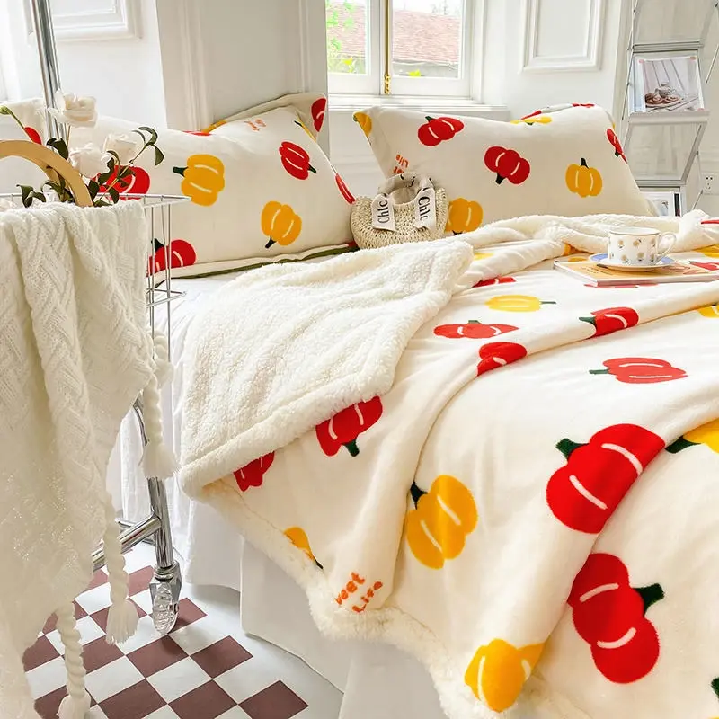 Lovely Cartoon Print Dual Use Blanket Milk Velvet Flowers Artificial Cashmere Blankets for Bed Winter Spring Plush Duvet Cover