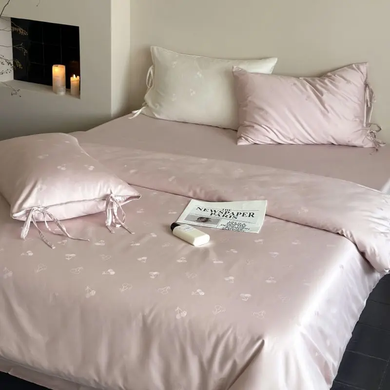 High-end Cherries Jacquard Tribute Satin Bedding Set 100% Cotton Skin-friendly Duvet Cover Set Soft Quilt Cover and Pillowcases