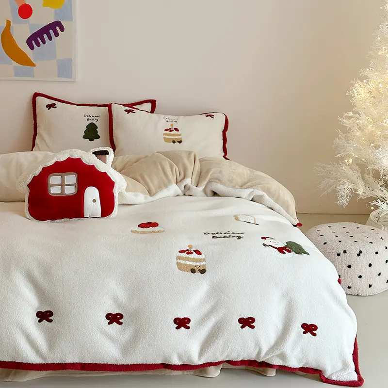 Cartoon Embroidered Warm Winter Bedding Set Imitation Cashmere Warmth Duvet Cover Set with Sheet Queen Quilt Cover Pillowcases