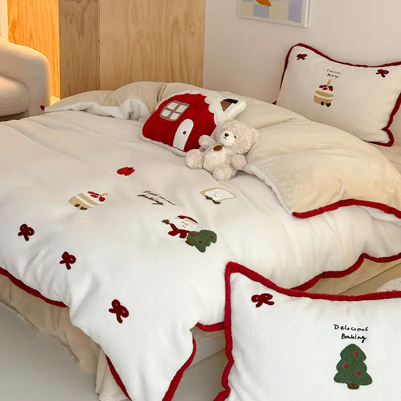 Cartoon Embroidered Warm Winter Bedding Set Imitation Cashmere Warmth Duvet Cover Set with Sheet Queen Quilt Cover Pillowcases