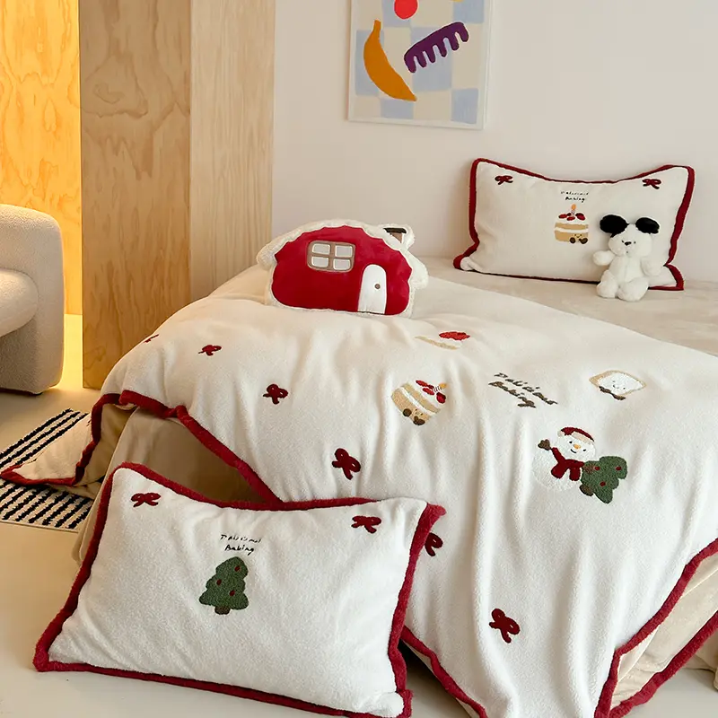 Cartoon Embroidered Warm Winter Bedding Set Imitation Cashmere Warmth Duvet Cover Set with Sheet Queen Quilt Cover Pillowcases