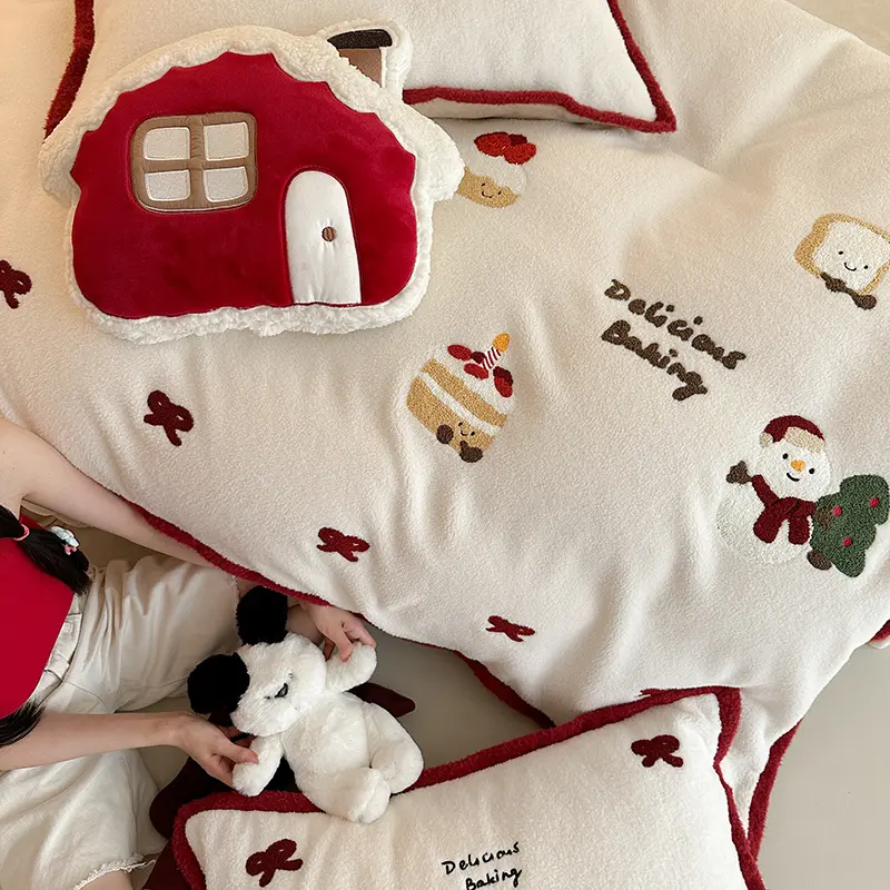 Cartoon Embroidered Warm Winter Bedding Set Imitation Cashmere Warmth Duvet Cover Set with Sheet Queen Quilt Cover Pillowcases