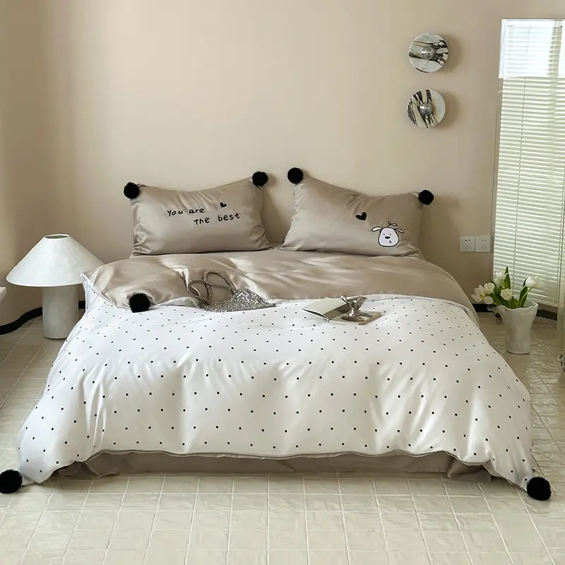 New High-end Embroidered 100% Lyocell Bedding Set Luxury Natural Plant Fibre Duvet Cover Set Polka Dot Love Coolness Quilt Cover