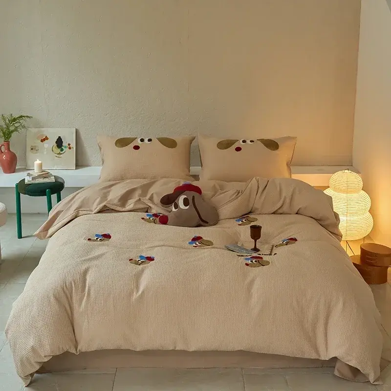 High-End Embroidered 100% Cotton Bedding Set Soft Waffle Duvet Cover Set with Sheet and Throw Pillow Quilt Cover Pillowcase Cozy