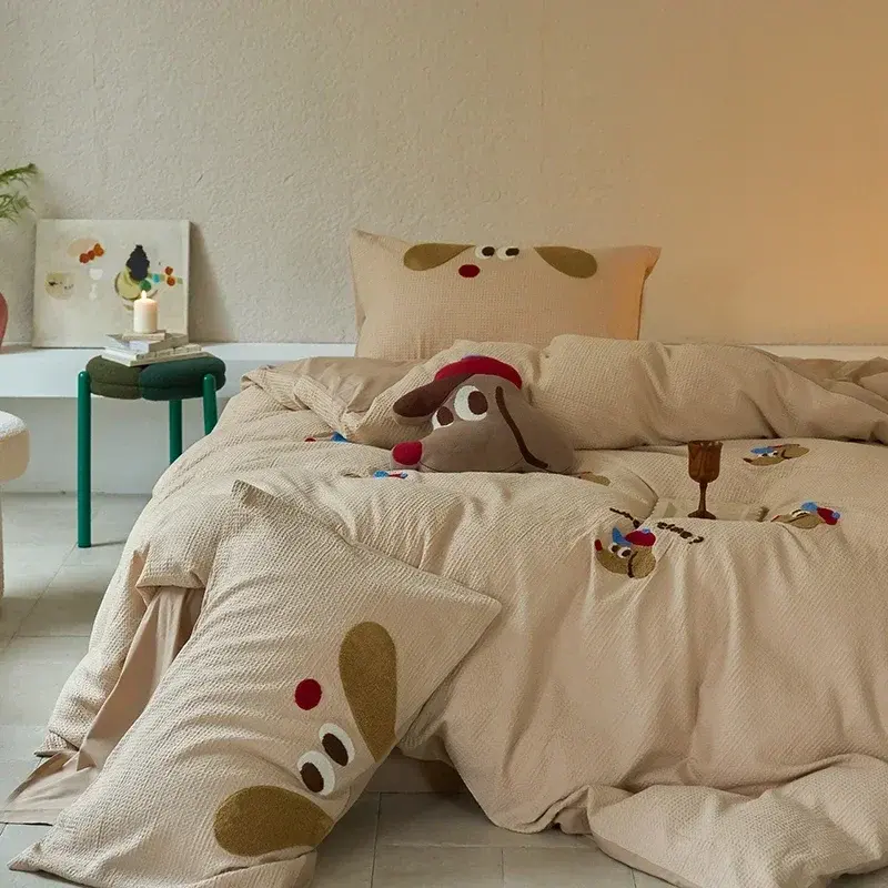 High-End Embroidered 100% Cotton Bedding Set Soft Waffle Duvet Cover Set with Sheet and Throw Pillow Quilt Cover Pillowcase Cozy