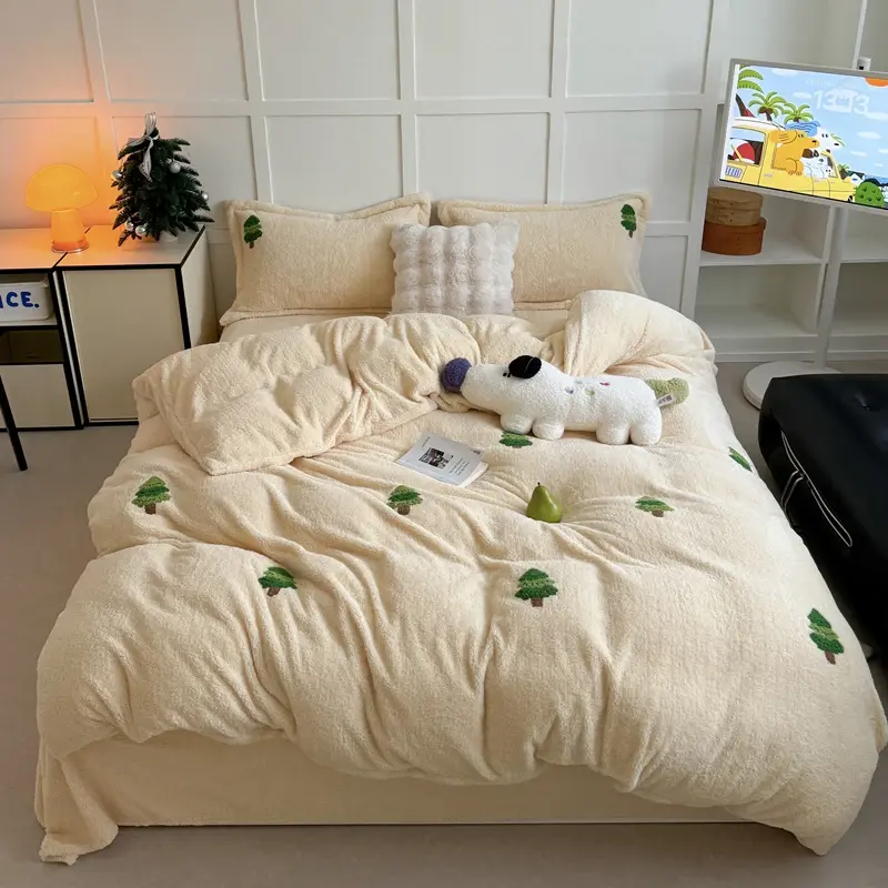 New Embroidered Teddy Velvet Bedding Set Winter Warm High-end Soft Warmth Duvet Cover Set with Sheet Quilt Cover and Pillowcases
