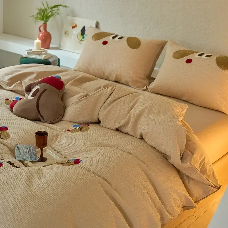 High-End Embroidered 100% Cotton Bedding Set Soft Waffle Duvet Cover Set with Sheet and Throw Pillow Quilt Cover Pillowcase Cozy