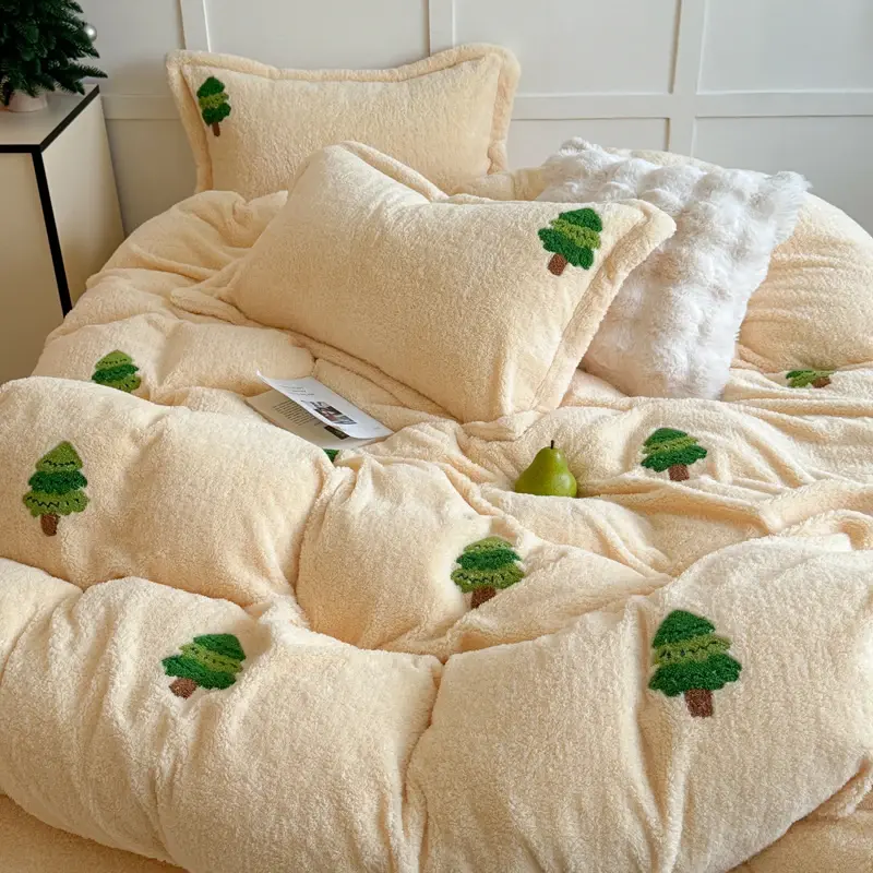 New Embroidered Teddy Velvet Bedding Set Winter Warm High-end Soft Warmth Duvet Cover Set with Sheet Quilt Cover and Pillowcases