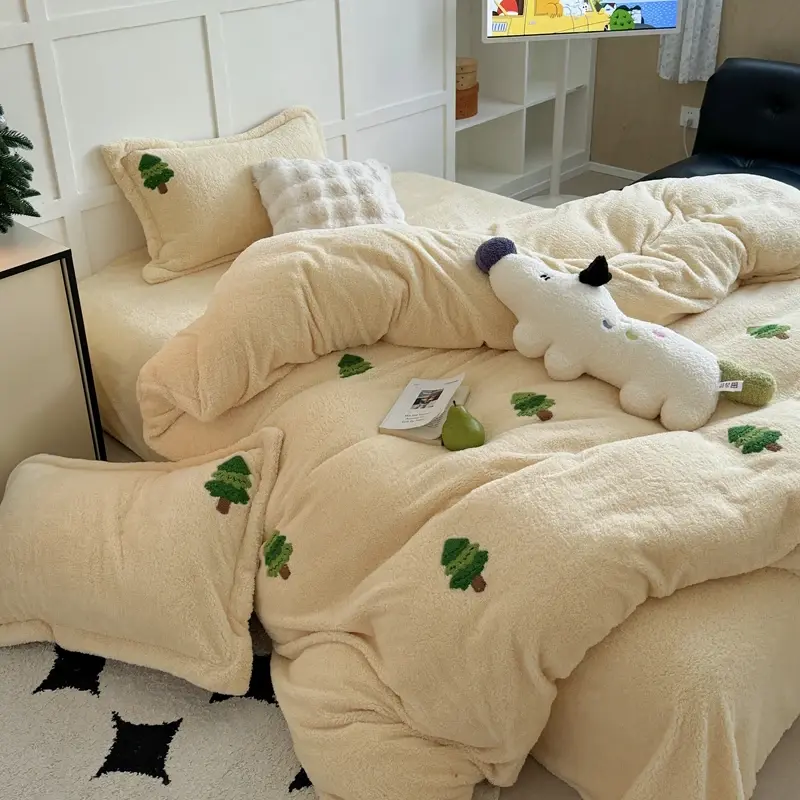 New Embroidered Teddy Velvet Bedding Set Winter Warm High-end Soft Warmth Duvet Cover Set with Sheet Quilt Cover and Pillowcases