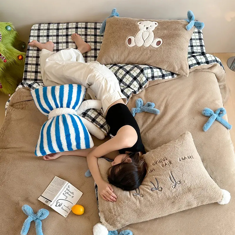 Cute Bow-knot Embroidered Warm Duvet Cover Set with Sheet Imitation Rabbit Velvet Bedding Set Winter Soft Quilt Cover Pillowcase