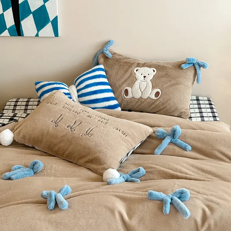 Cute Bow-knot Embroidered Warm Duvet Cover Set with Sheet Imitation Rabbit Velvet Bedding Set Winter Soft Quilt Cover Pillowcase